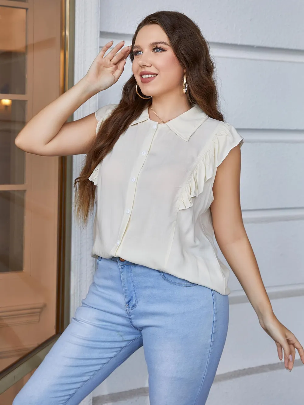 Plus Size Ruffled Cap Sleeve Shirt, image 3