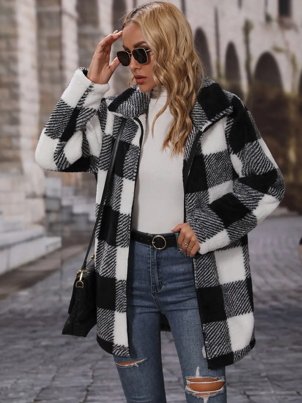Plaid Collared Neck Coat with Pockets, image 3