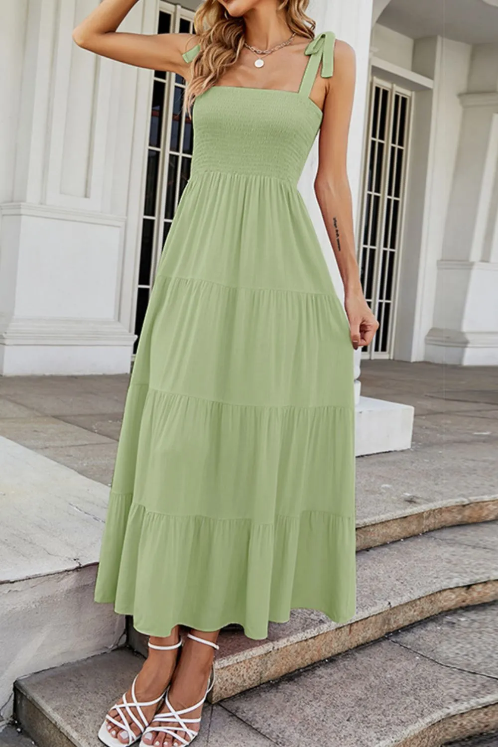 Tie-Shoulder Smocked Tiered Dress, image 3