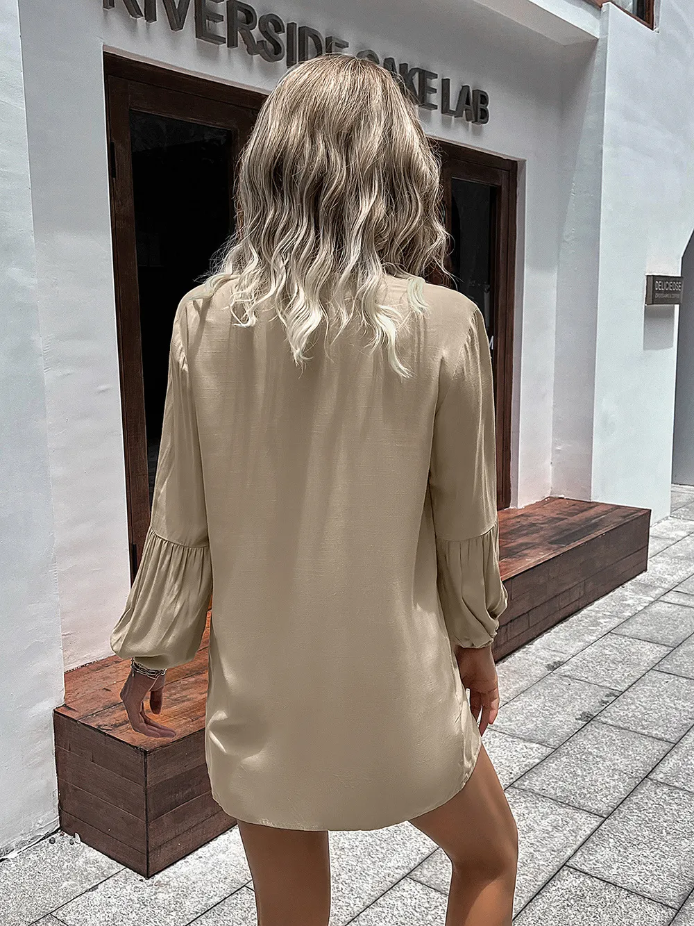 Notched Neck Balloon Sleeve Shirt, image 14