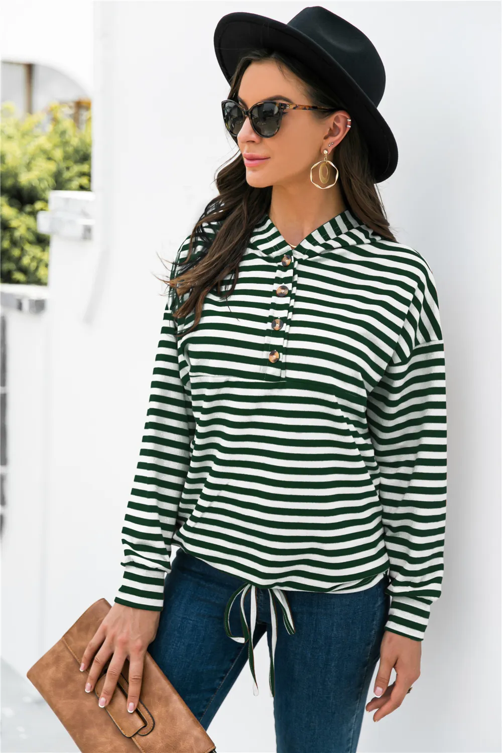 Striped Half-Button Dropped Shoulder Hoodie, image 2