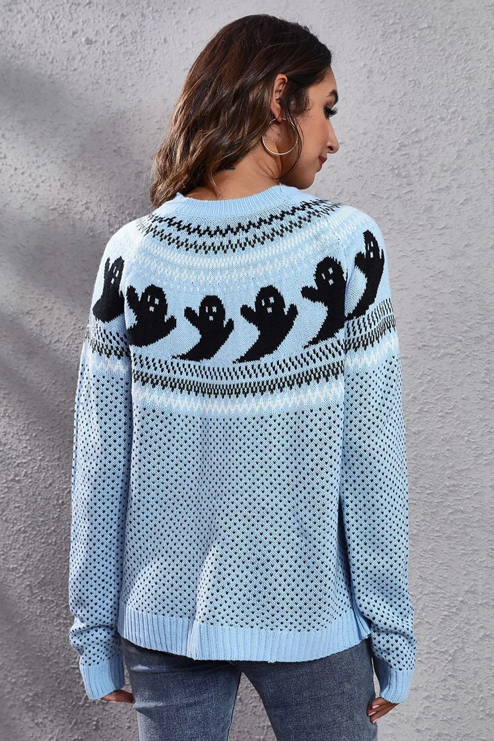 Ghost Pattern Round Neck Long Sleeve Sweater, image 9