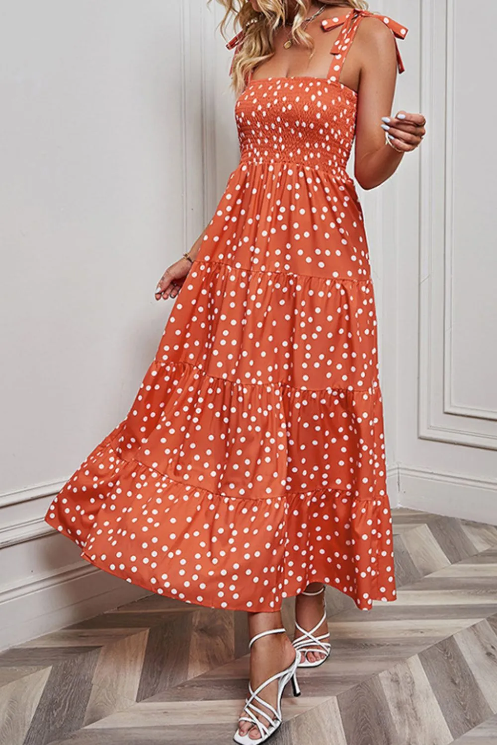 Polka Dot Smocked Tiered Sleeveless Dress, image 2