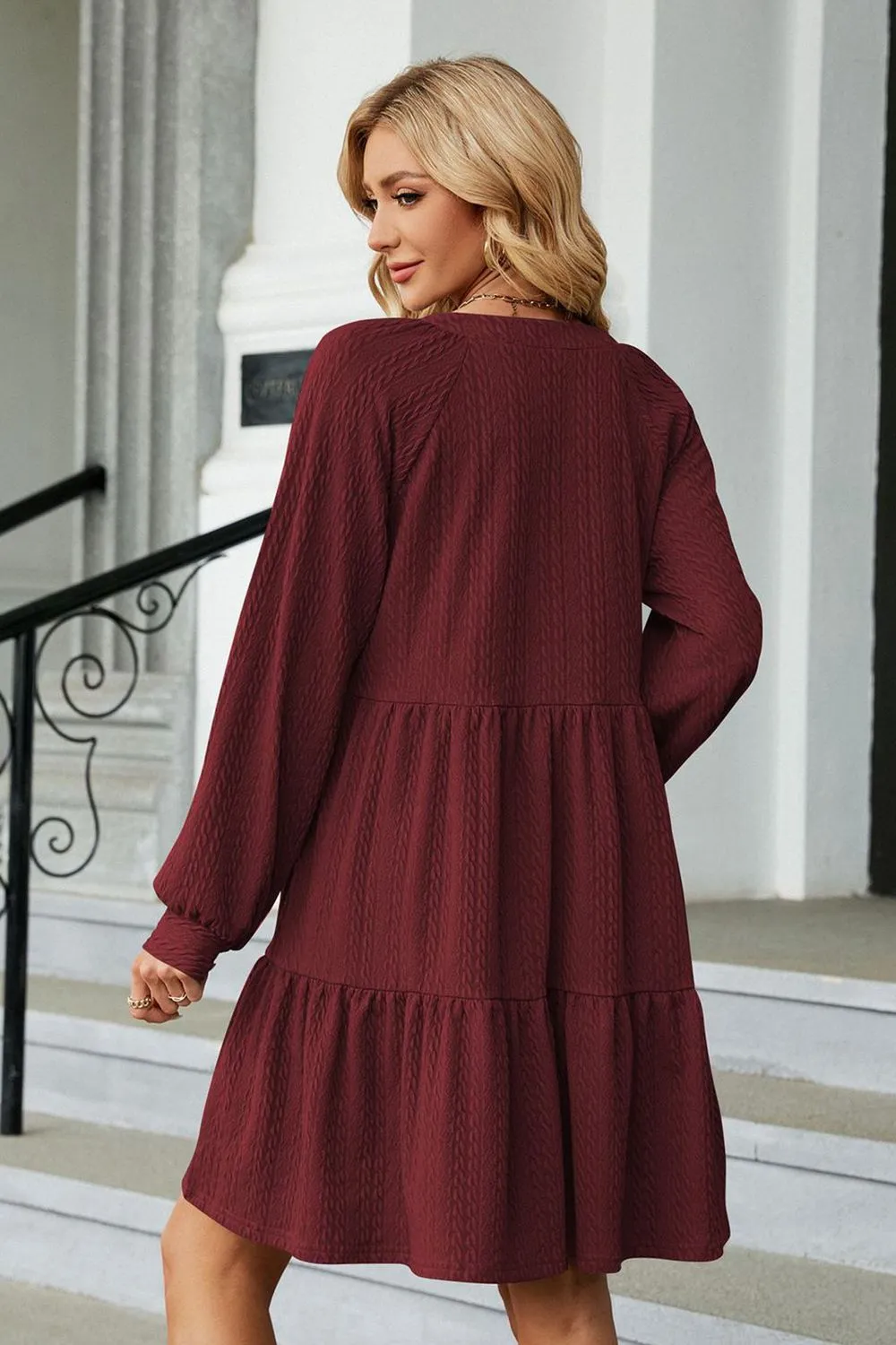 Notched Neck Long Sleeve Mini Dress, image 12