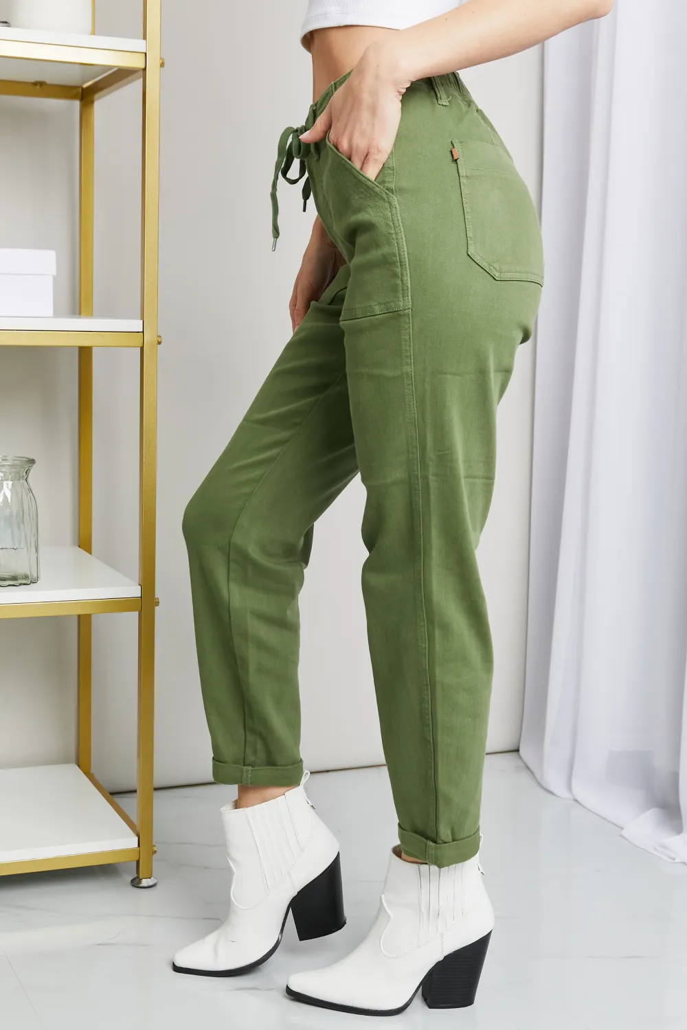 Full Size Drawstring Waist Pocket Jeans, image 2
