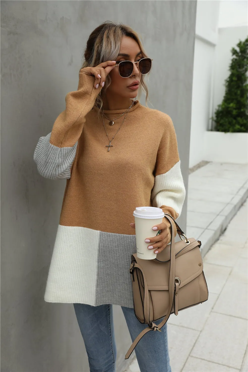 Color Block Round Neck Dropped Shoulder Sweater, image 2