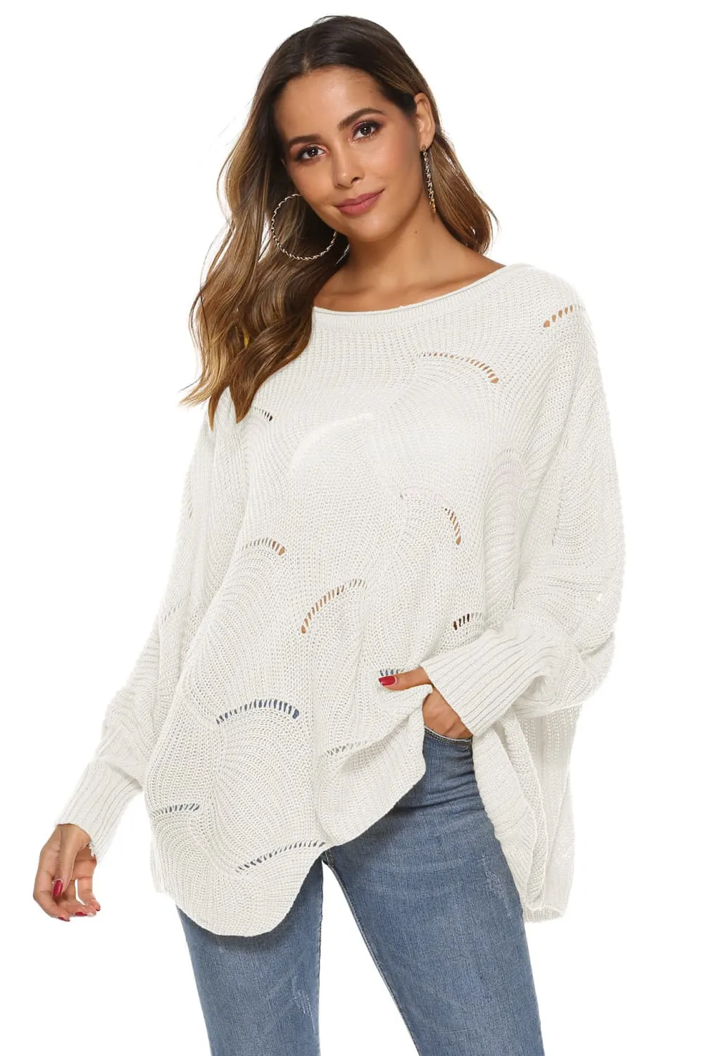 Round Neck Long Sleeve Openwork Sweater, image 7