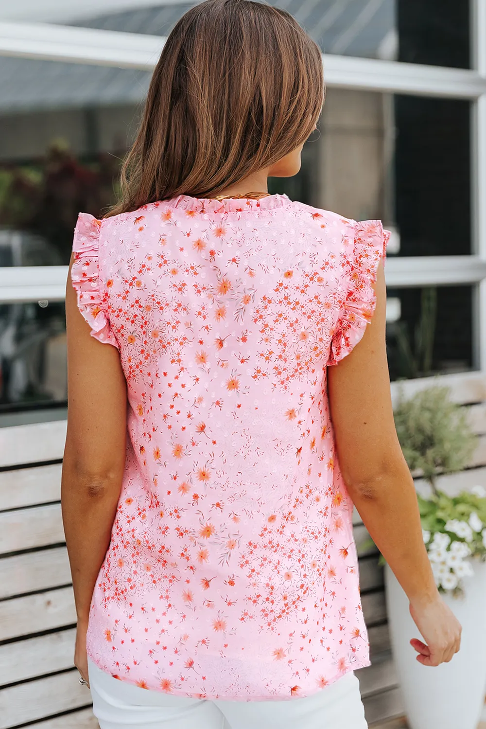 Floral Tie Neck Ruffled Sleeveless Top, image 2