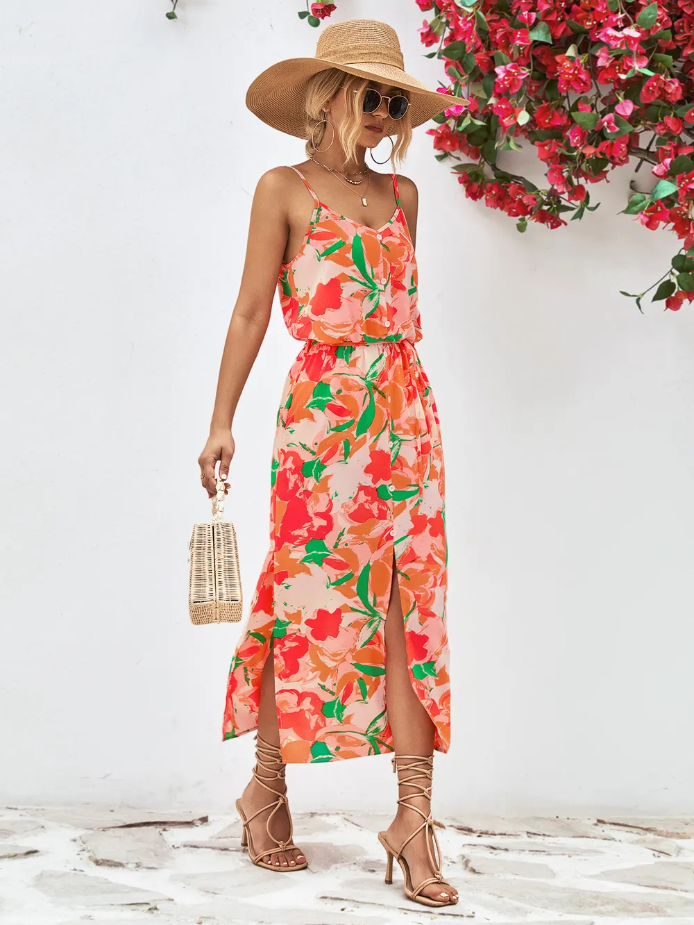 Printed Spaghetti Strap Front Slit Dress, image 3