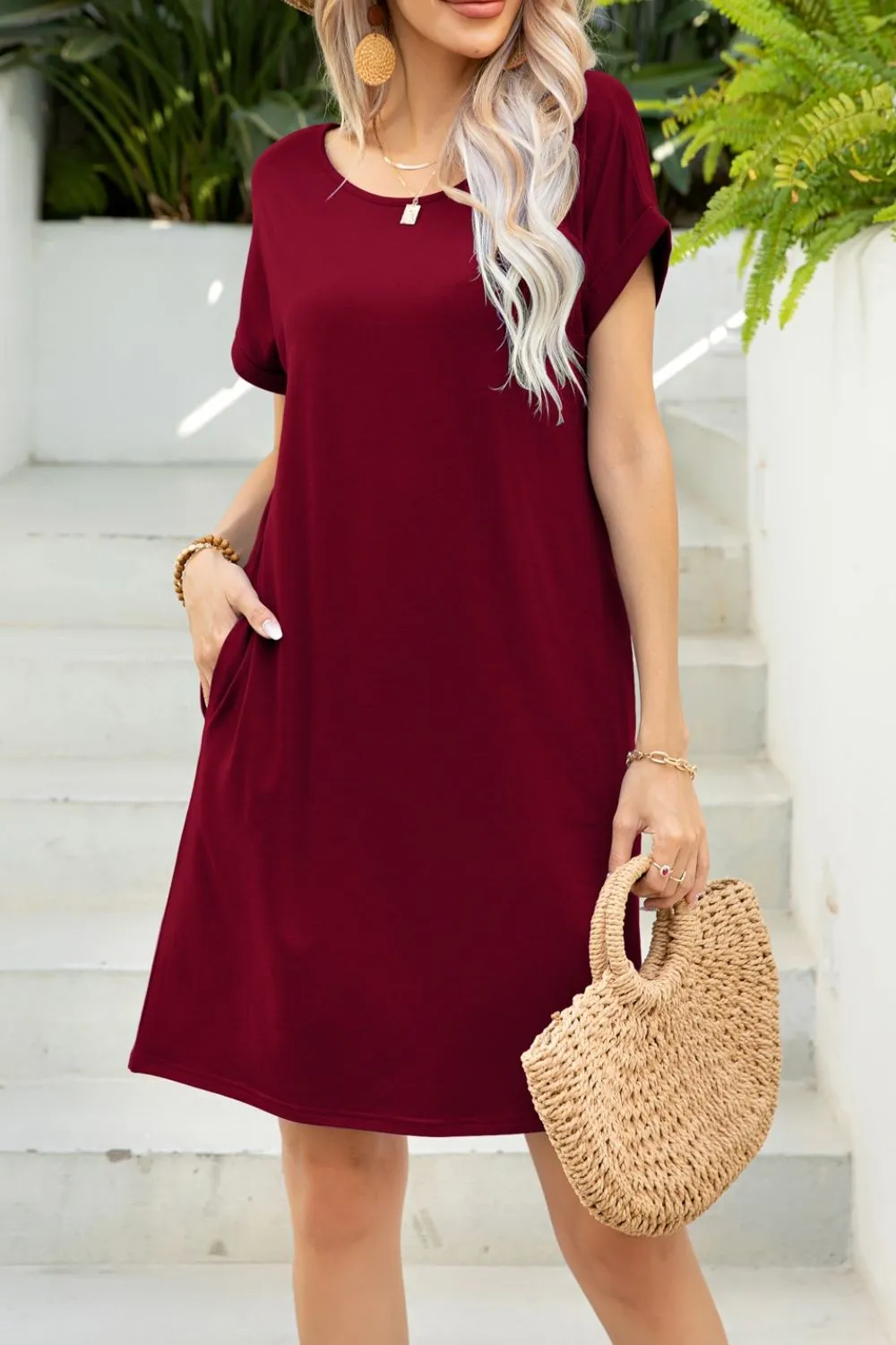 Scoop Neck Short Sleeve Pocket Dress, image 3