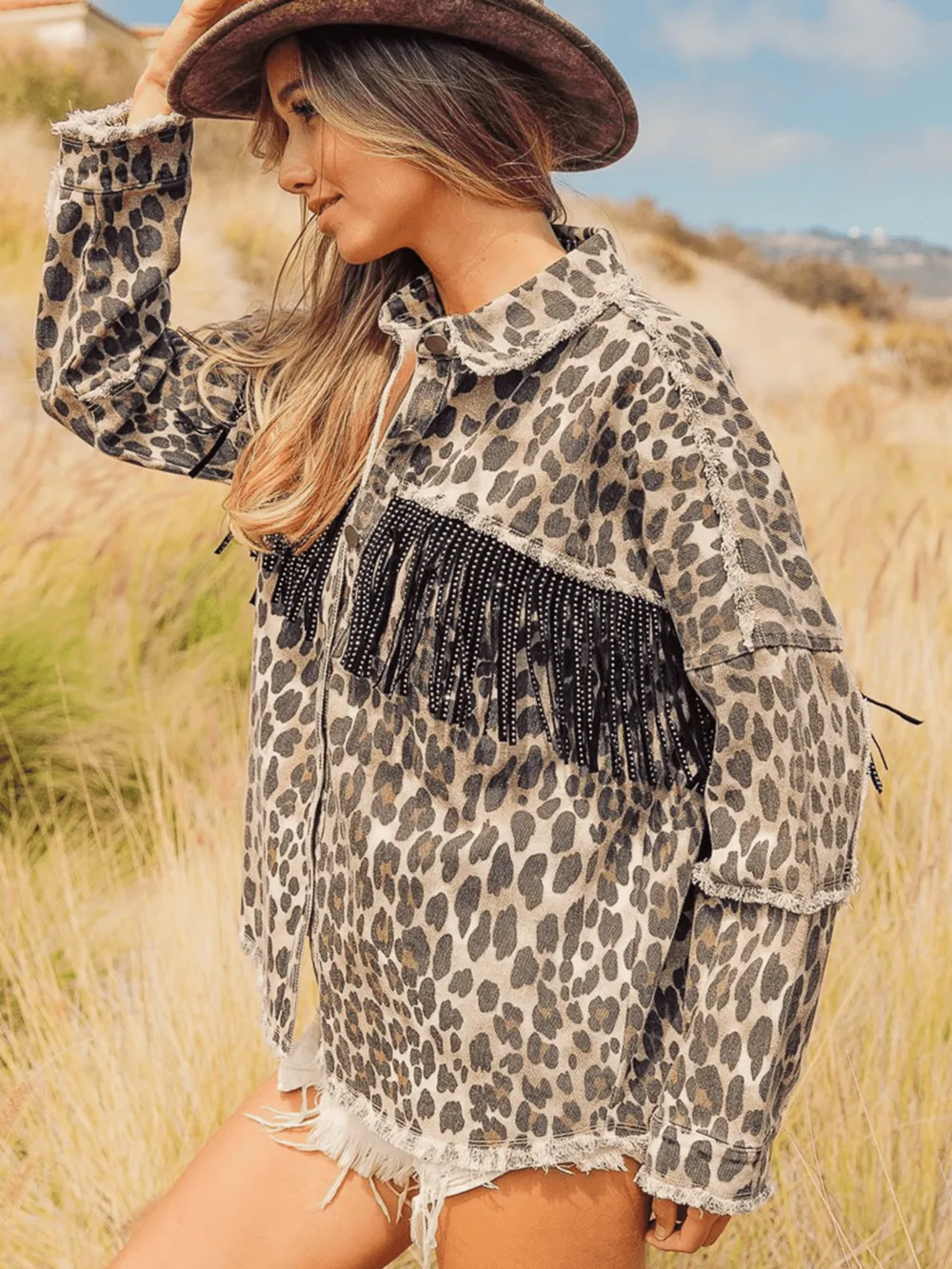 Leopard Fringe Detail Collared Neck Denim Jacket, image 3