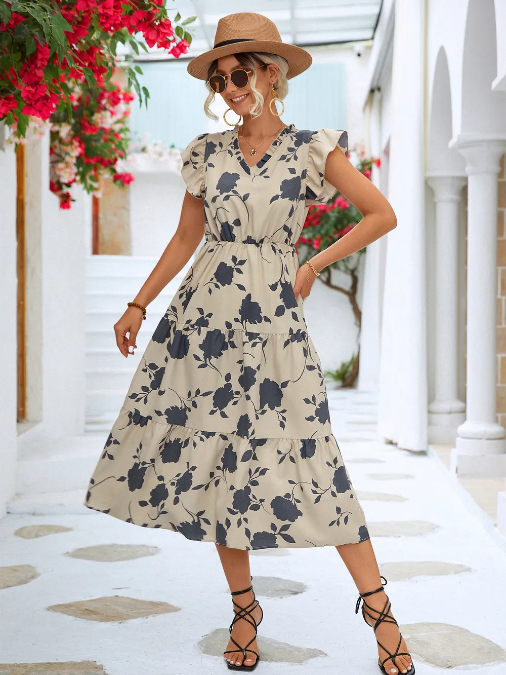 Floral Frill Trim V-Neck Tiered Midi Dress, image 2