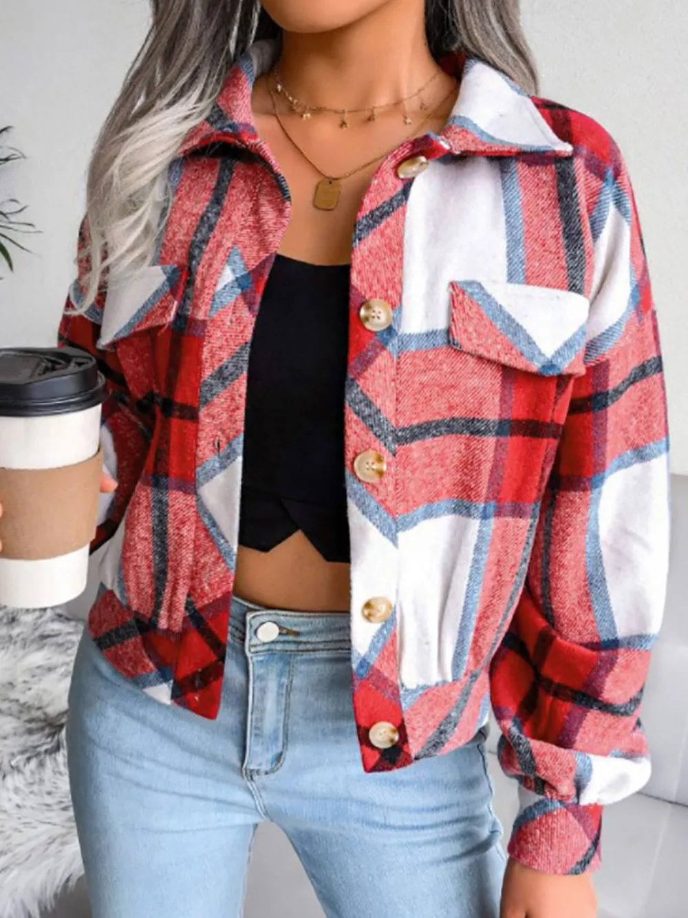 Plaid Collared Neck Drop Shoulder Jacket, image 3