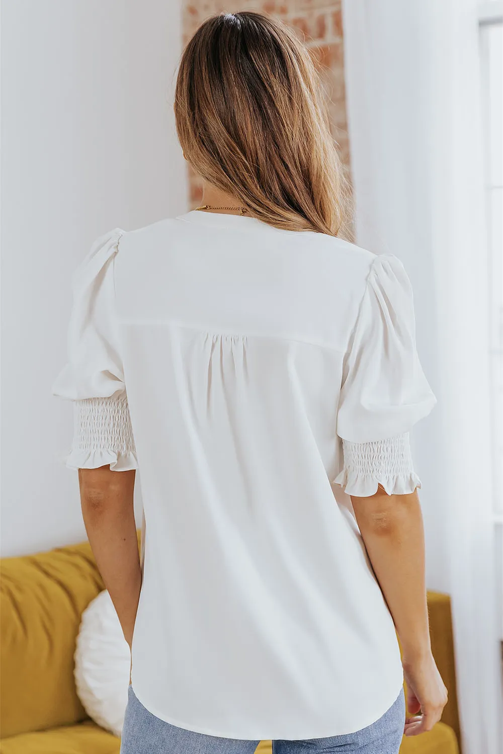 Smocked Flounce Sleeve Notched Neck Blouse, image 4
