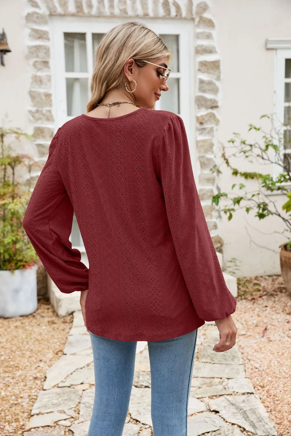 Eyelet Notched Neck Balloon Sleeve Blouse, image 10