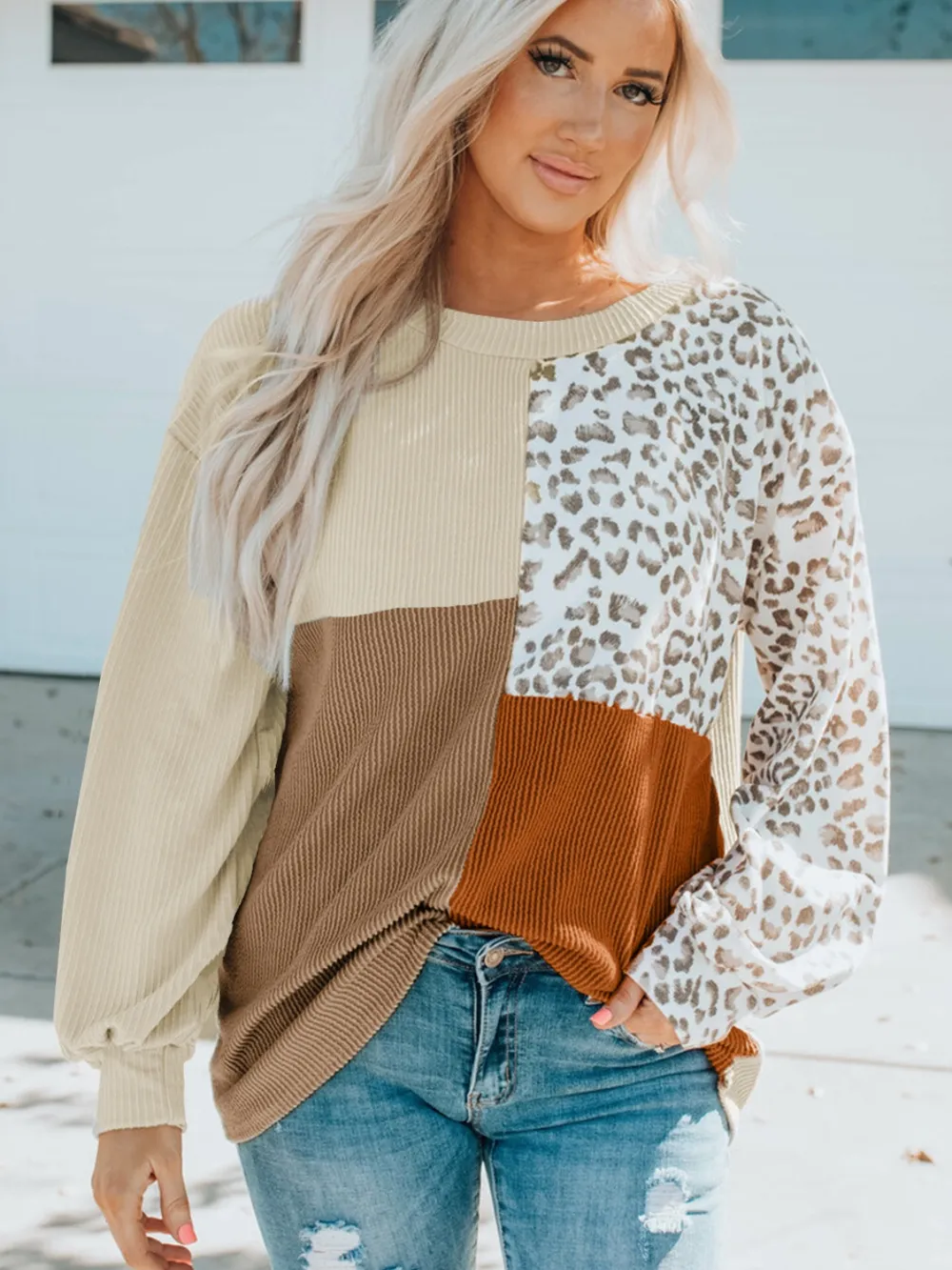 Color Block Leopard Round Neck Sweatshirt, image 2
