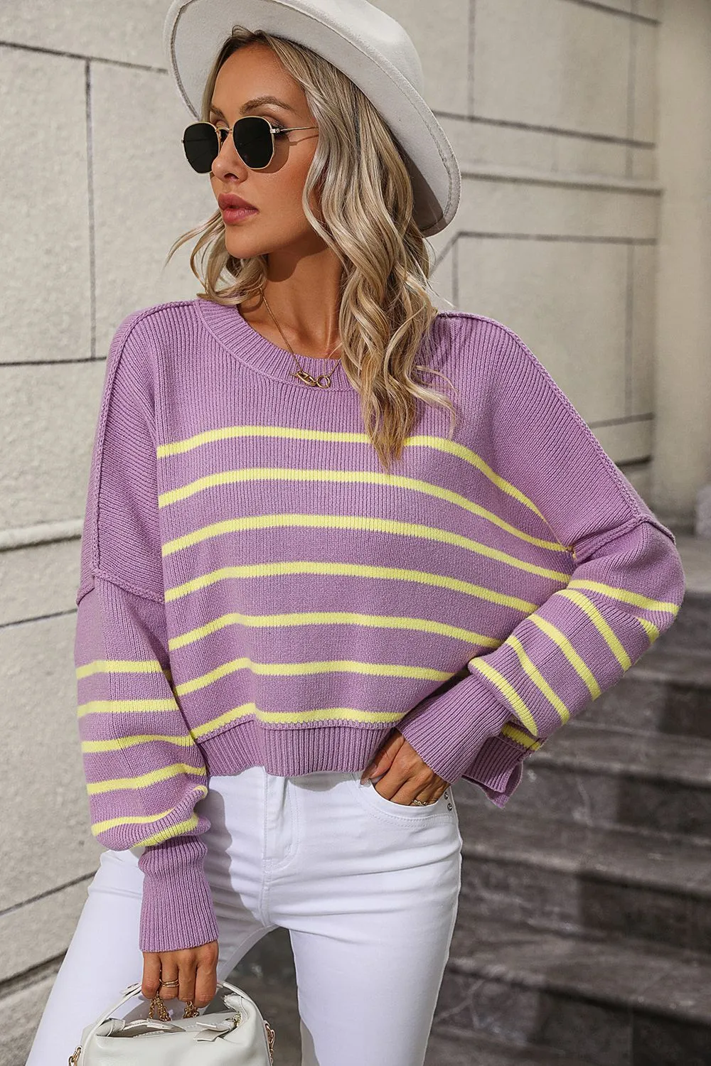 Striped Dropped Shoulder Round Neck Pullover Sweater, image 15