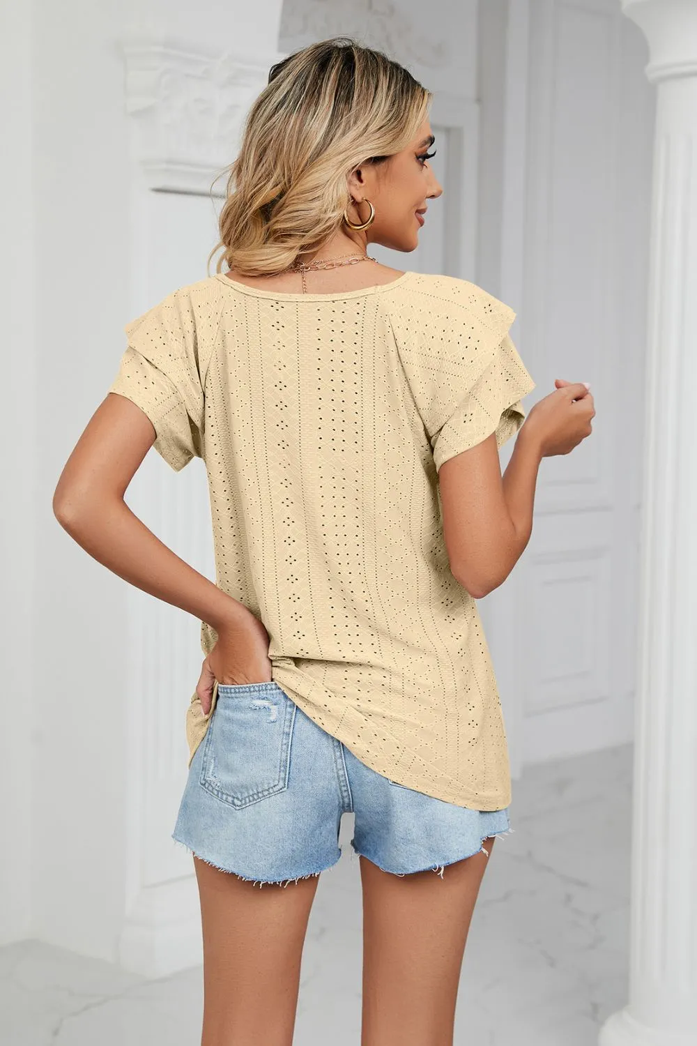 Eyelet Layered Flutter Sleeve V-Neck Knit Top, image 13