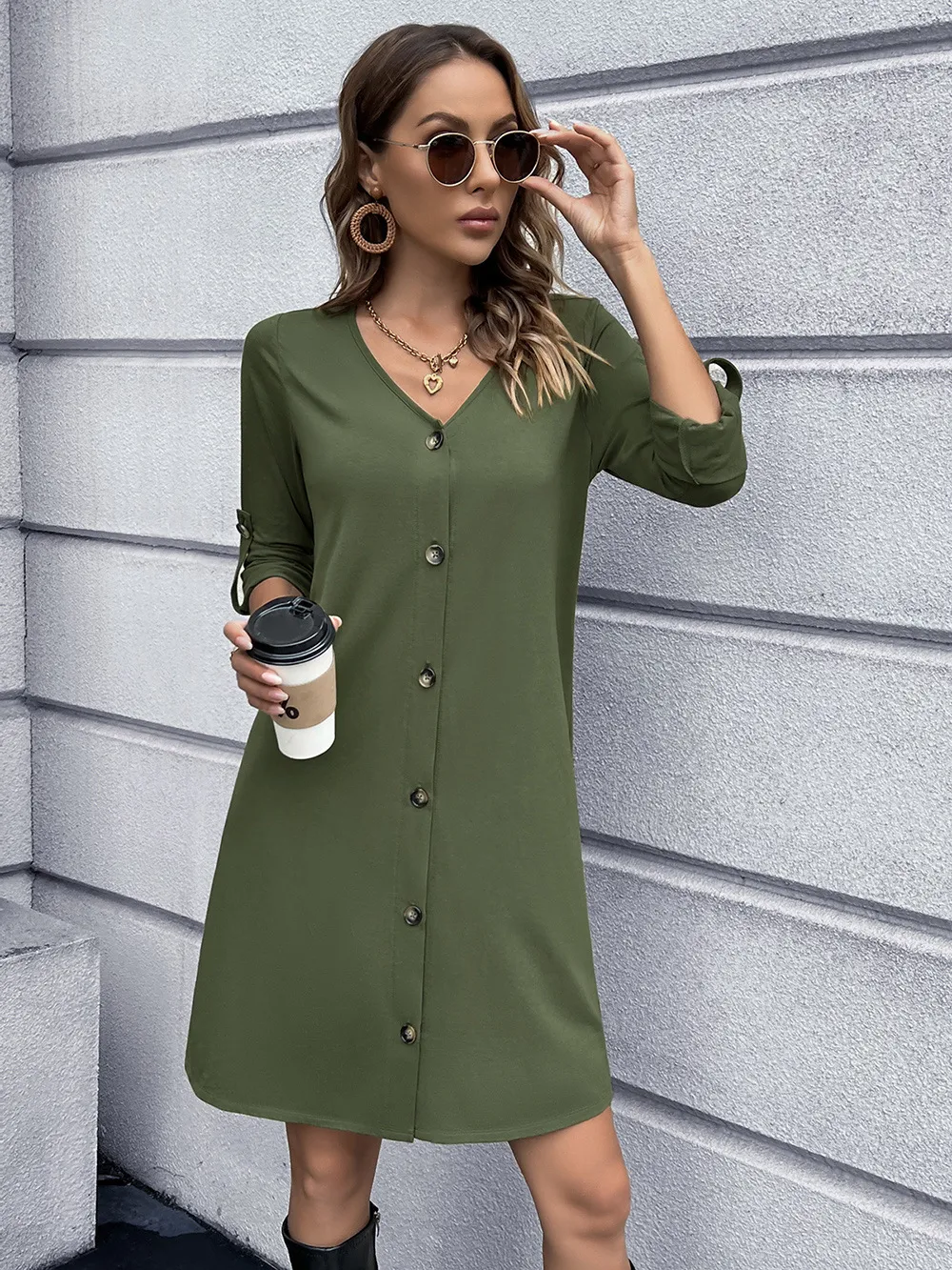 Button Down V-Neck Mini Dress, image 5