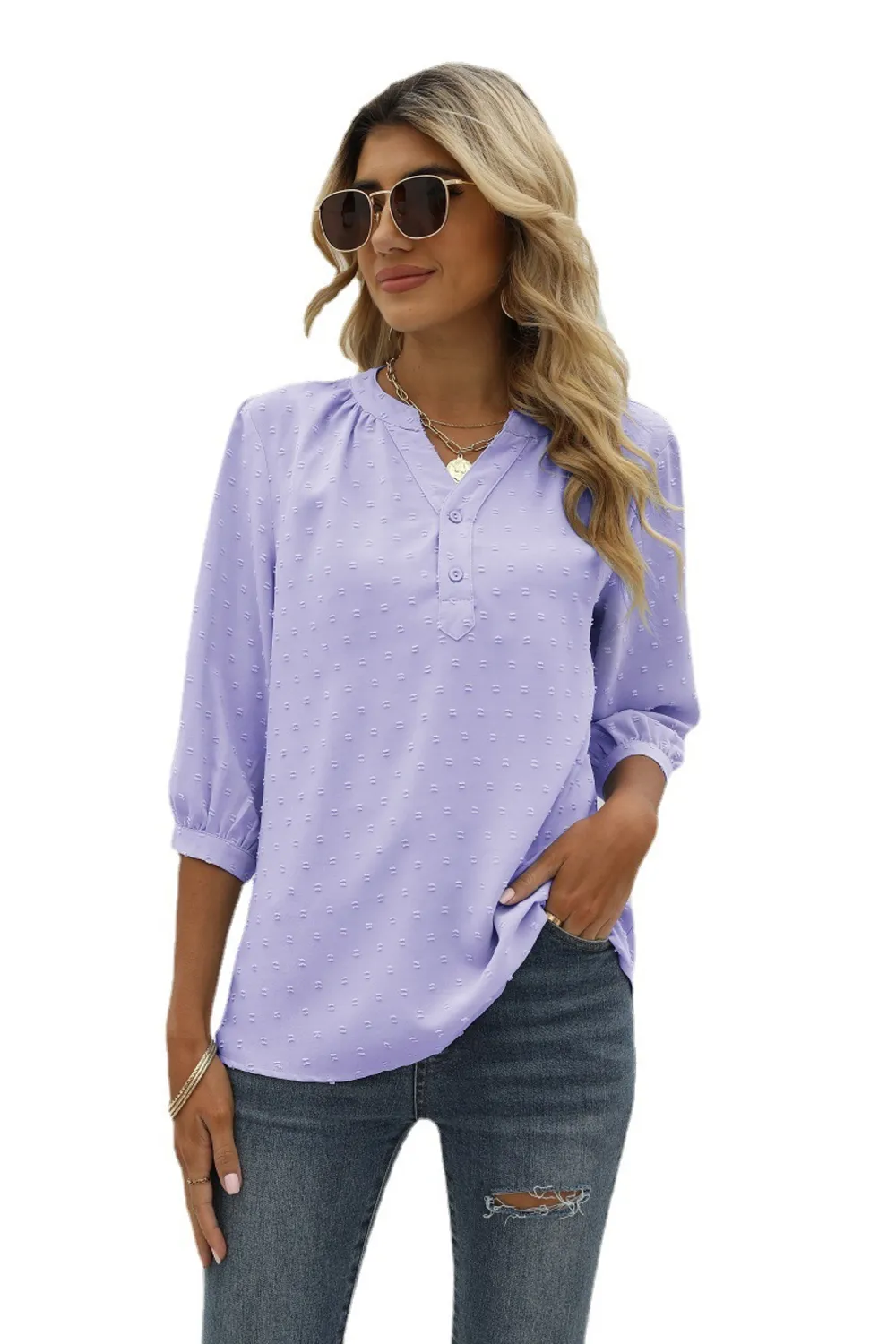Swiss Dot Notched Neck Three-Quarter Sleeve Blouse, image 28