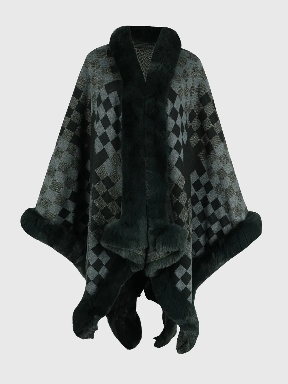 Checkered Faux Fur Trim Poncho, image 11