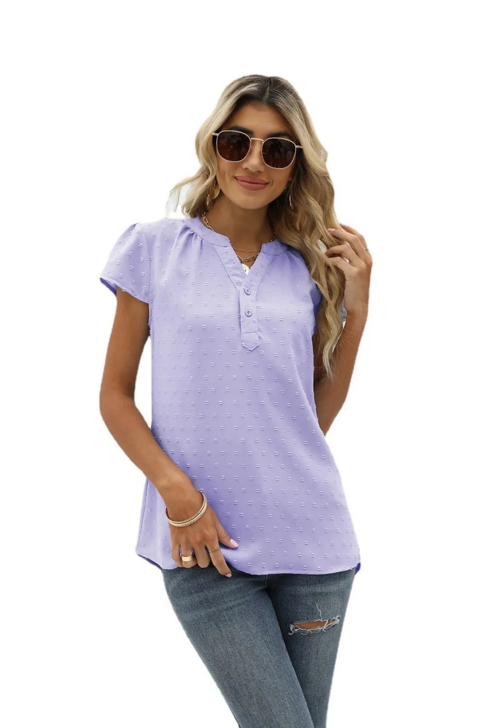 Swiss Dot Notched Neck Short Sleeve Top, image 34