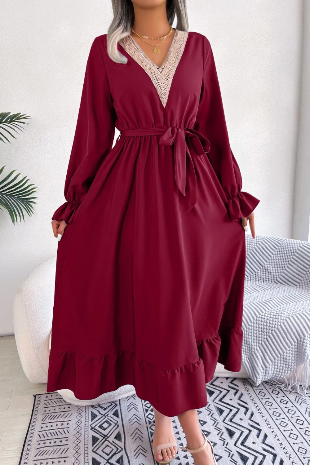 Contrast Belted Flounce Sleeve Dress, image 2