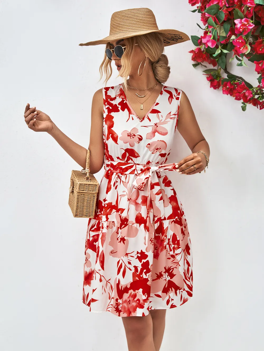 Floral V-Neck Tie Waist Sleeveless Dress, image 2
