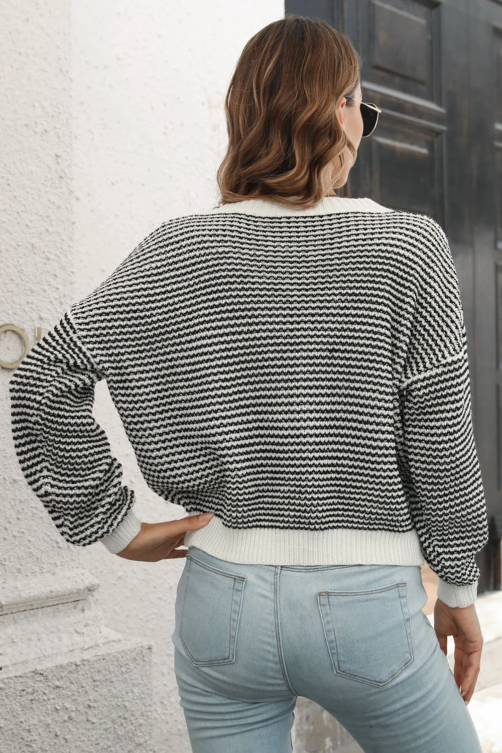 Striped Round Neck Dropped Shoulder Sweater, image 2