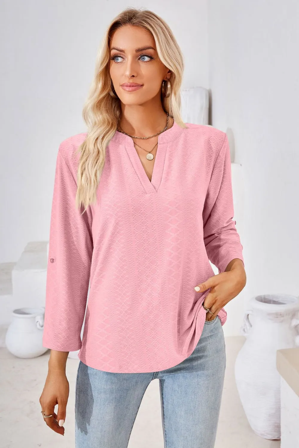 V-Neck Roll-Tap Sleeve Blouse, image 19