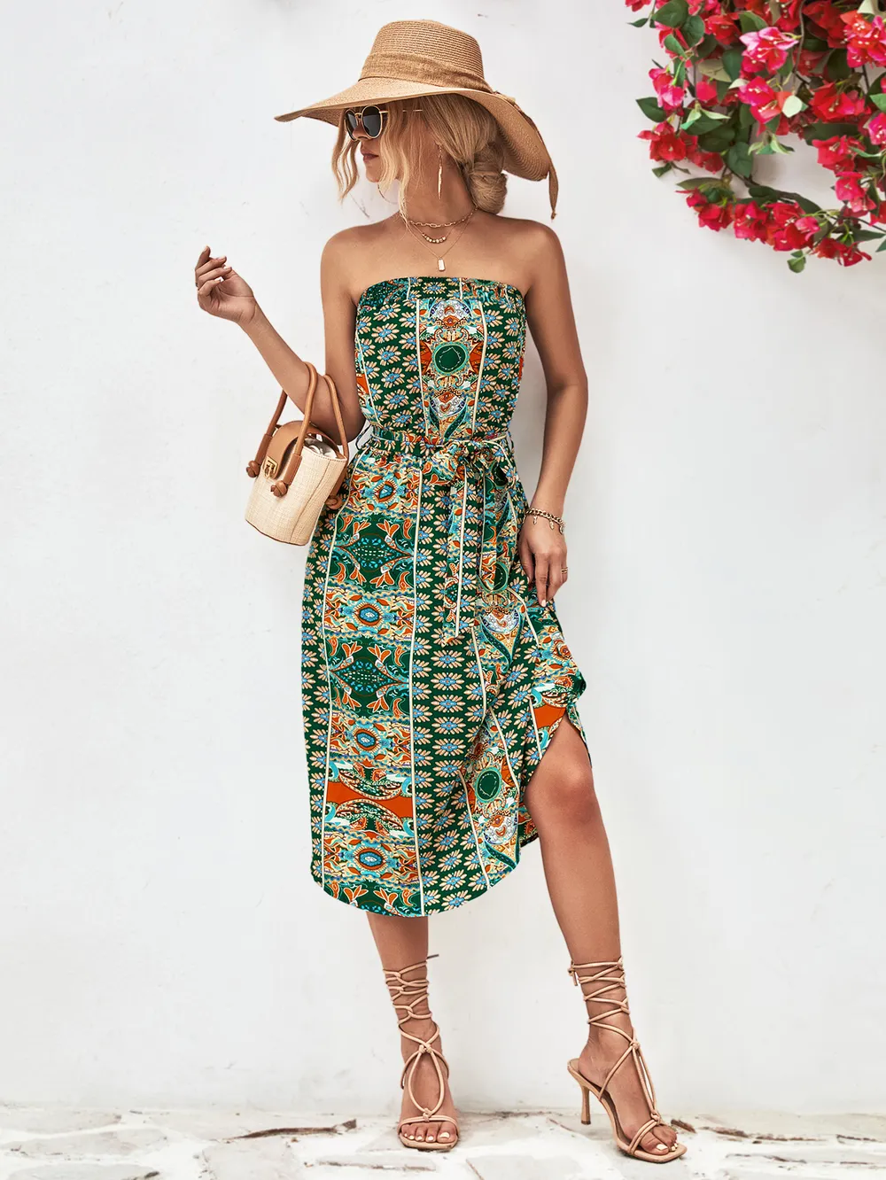 Printed Strapless Tie Belt Dress, image 2