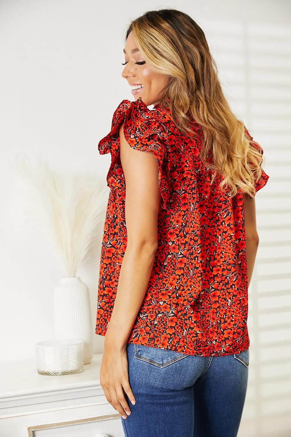 Floral Flutter Sleeve Notched Neck Blouse, image 5