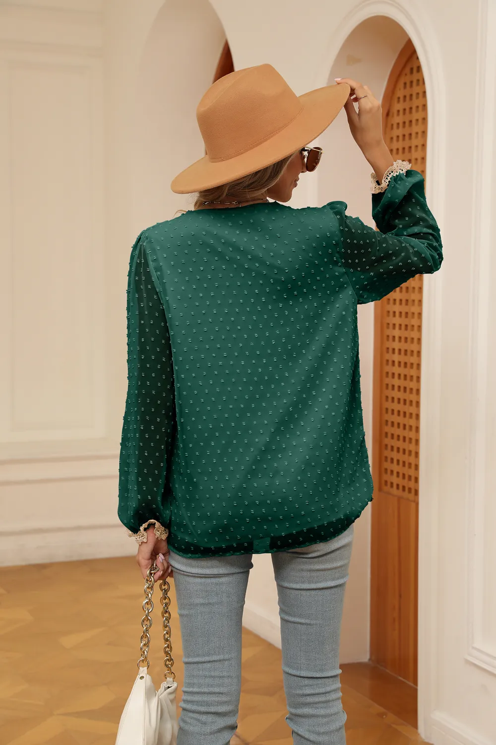 Swiss Dot Contrast V-Neck Blouse, image 15