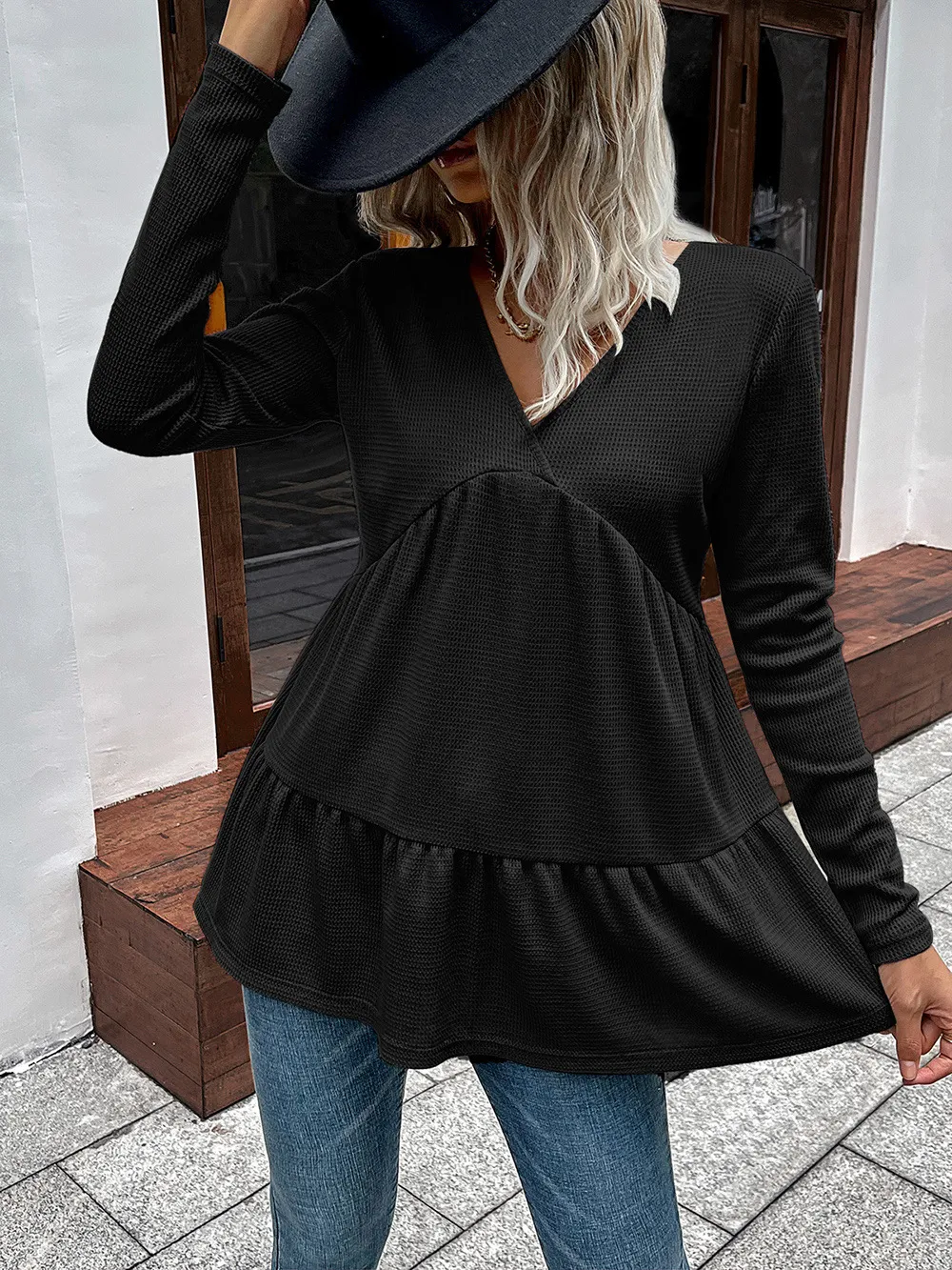 Waffle-Knit V-Neck Long Sleeve Blouse, image 8