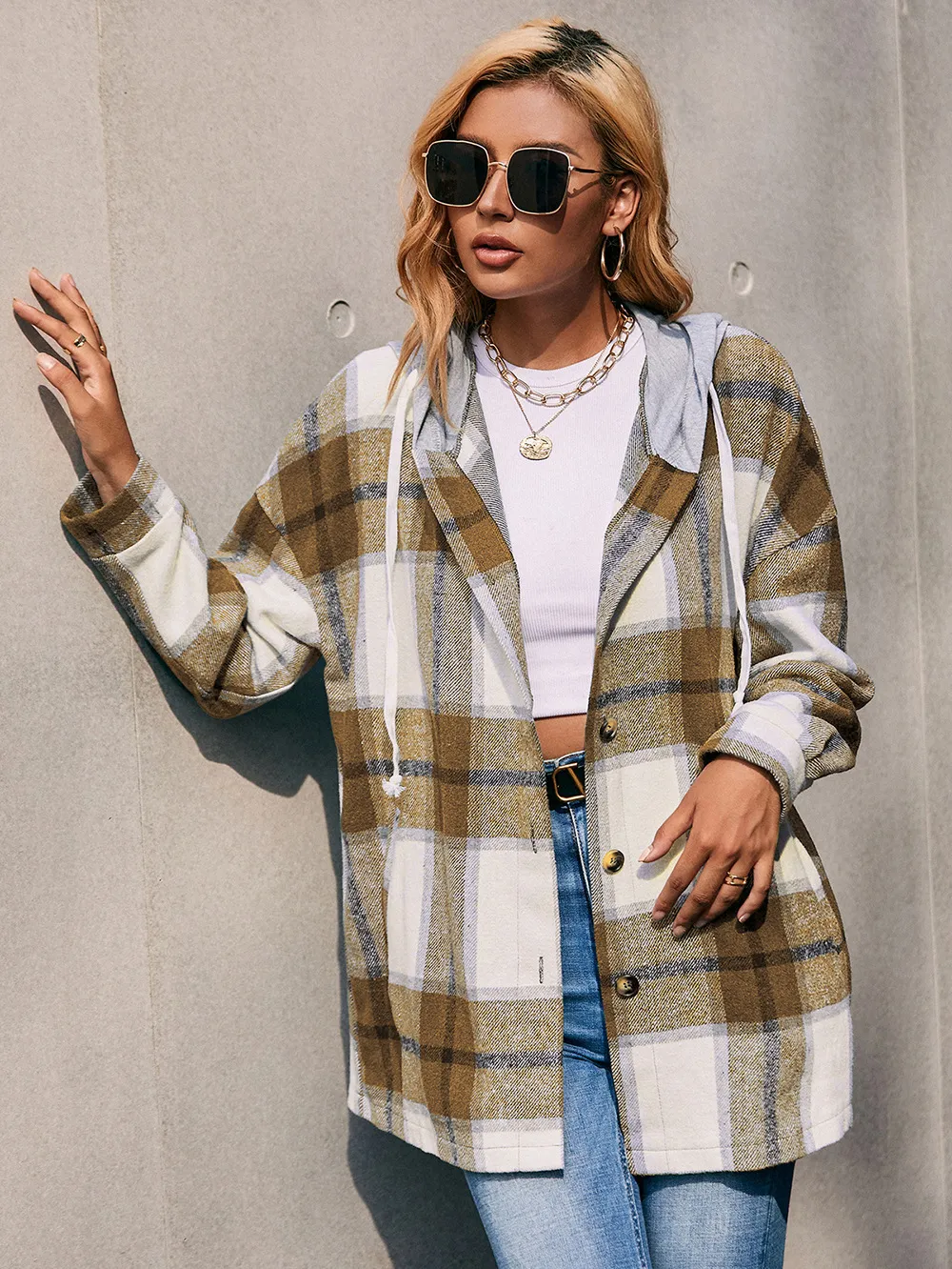 Plaid Dropped Shoulder Hooded Jacket, image 4