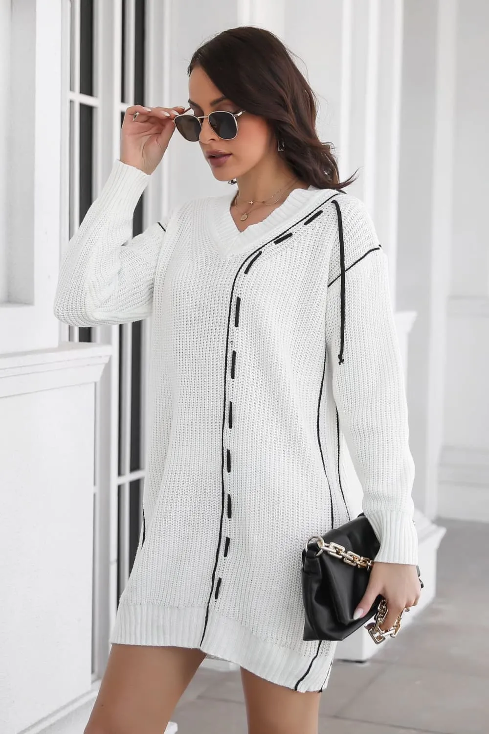 Contrast V-Neck Sweater Dress, image 5