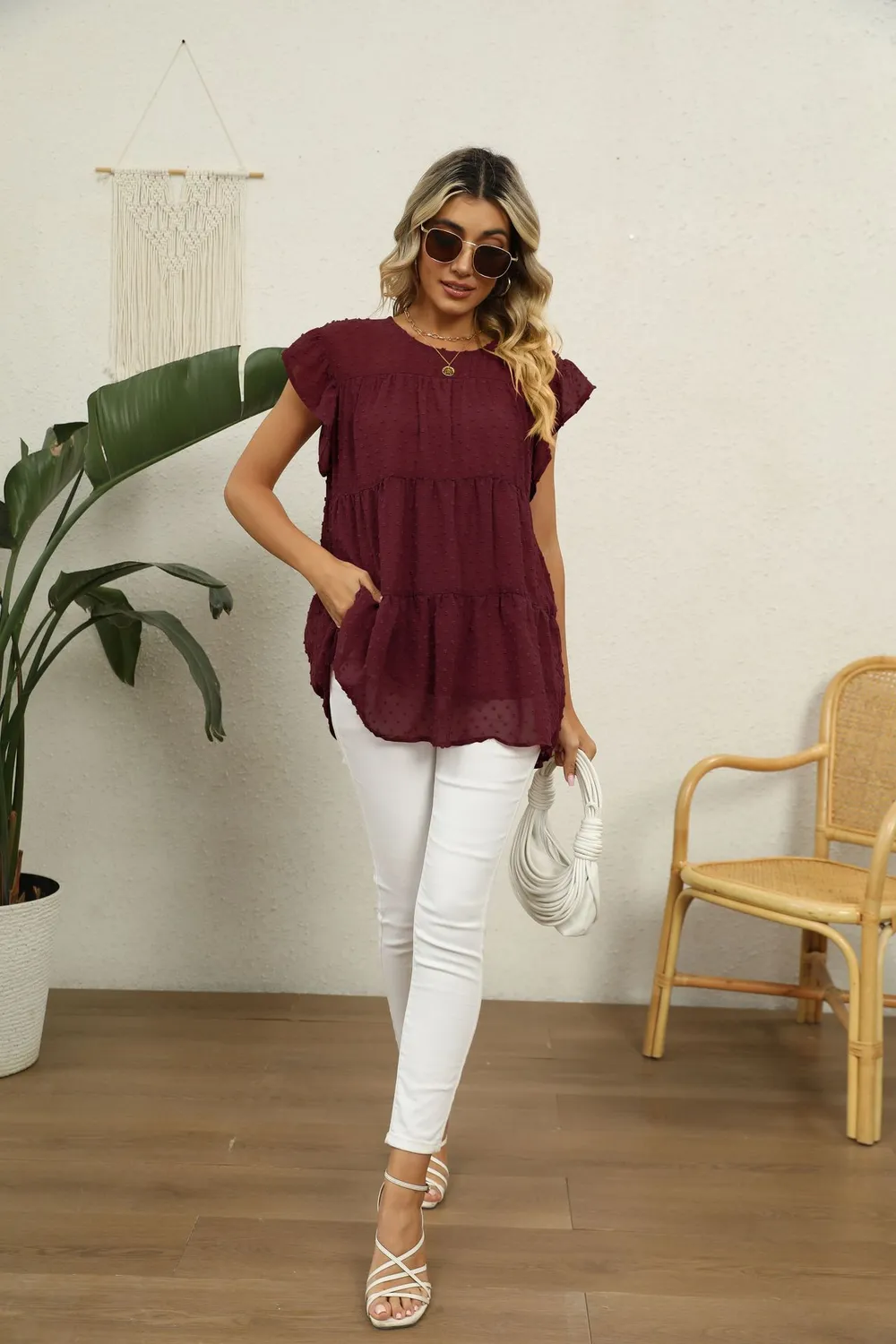 Swiss Dot Round Neck Tiered Blouse, image 17