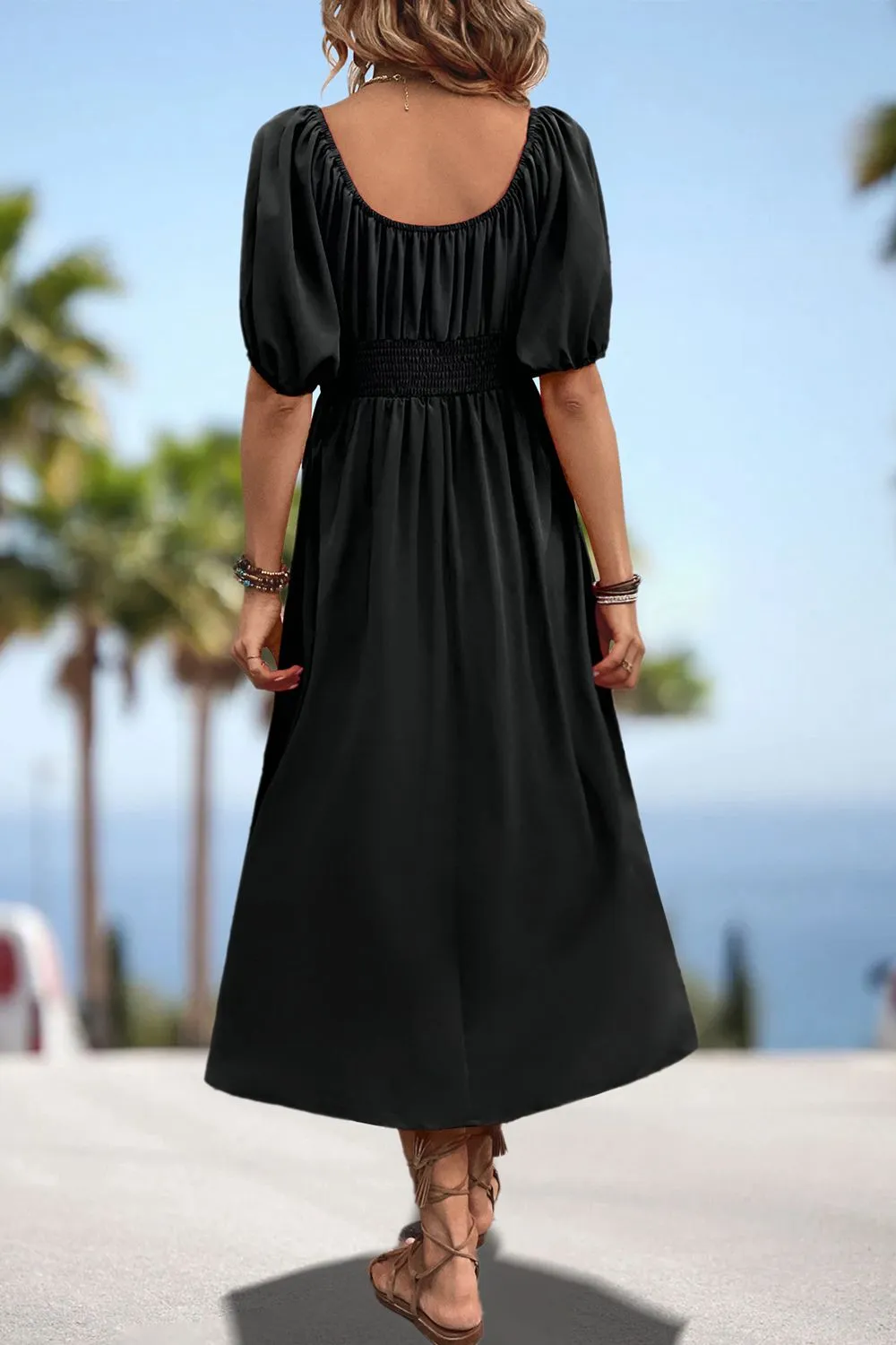 Square Neck Smocked Waist Puff Sleeve Midi Dress, image 3
