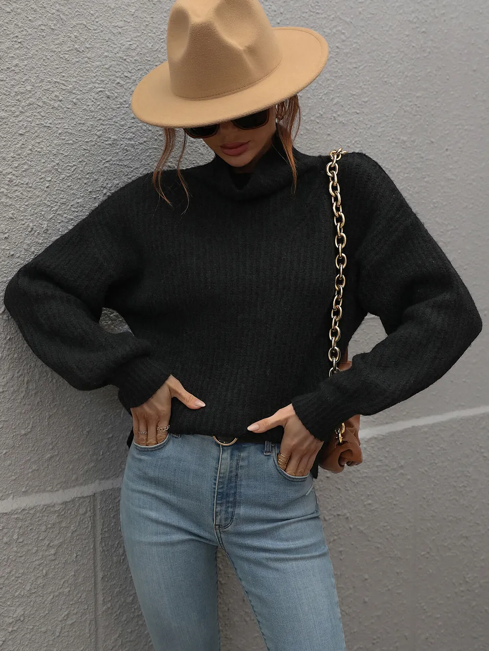 High Neck Balloon Sleeve Rib-Knit Pullover Sweater, image 2