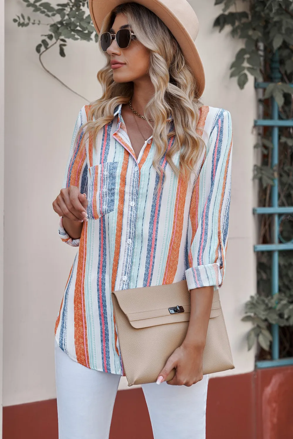 Striped Button-Up Curved Hem Shirt with Breast Pocket, image 2