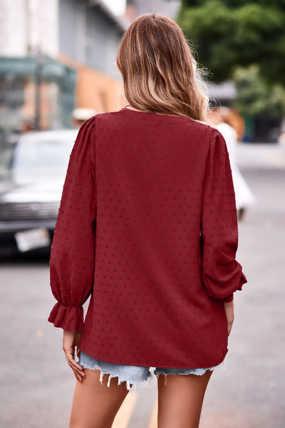 Swiss Dot Notched Neck Flounce Sleeve Blouse, image 18