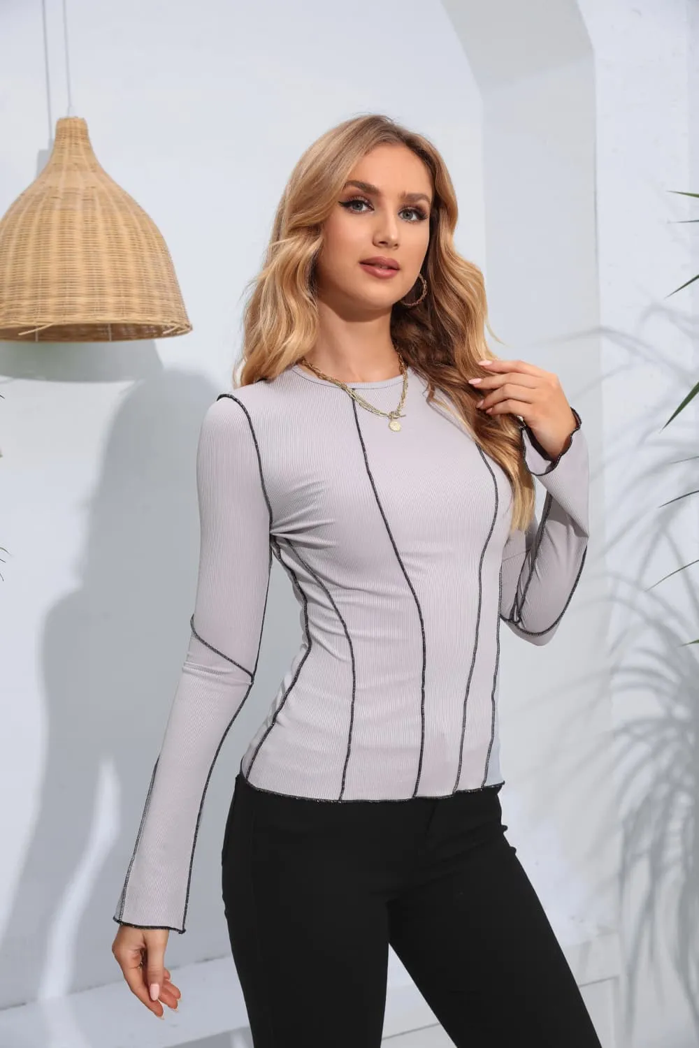 Ribbed Round Neck Long Sleeve Blouse, image 2