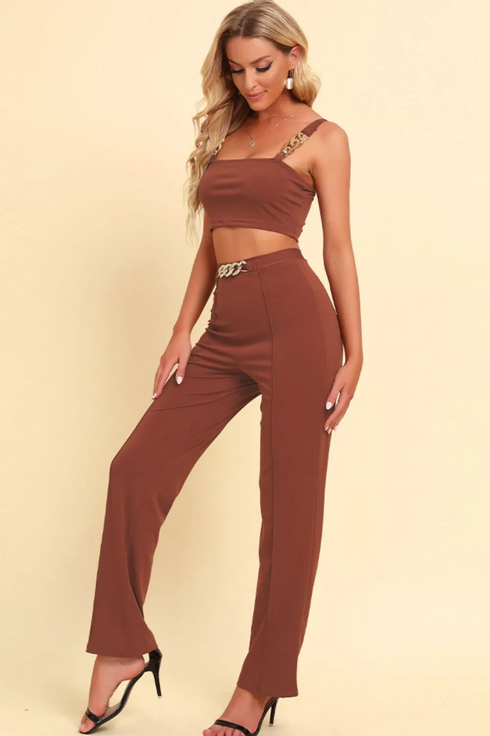Chain Detail Cropped Cami and Straight Leg Pants Set, image 2