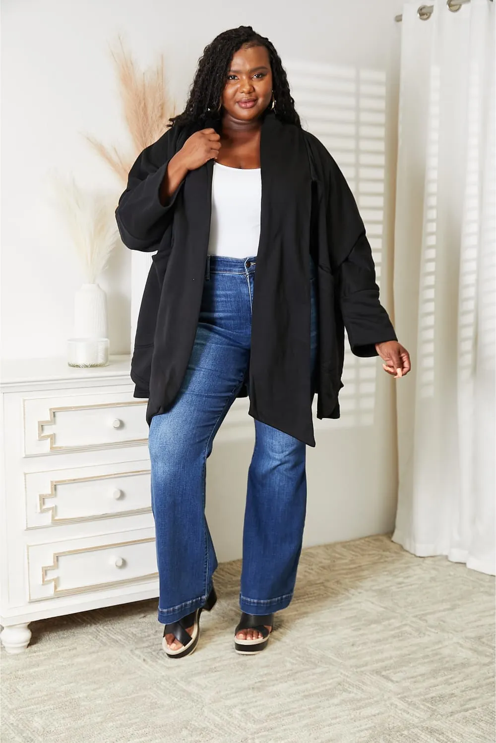 Full Size Open Front Cardigan with Scarf Design, image 17