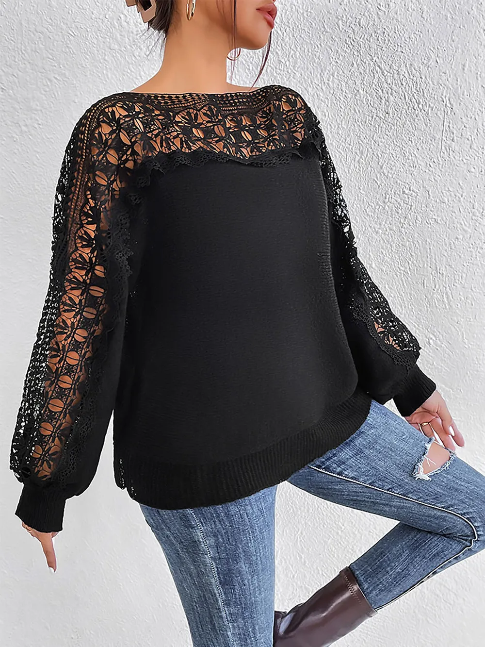 Lace Trim Boat Neck Knit Top, image 3
