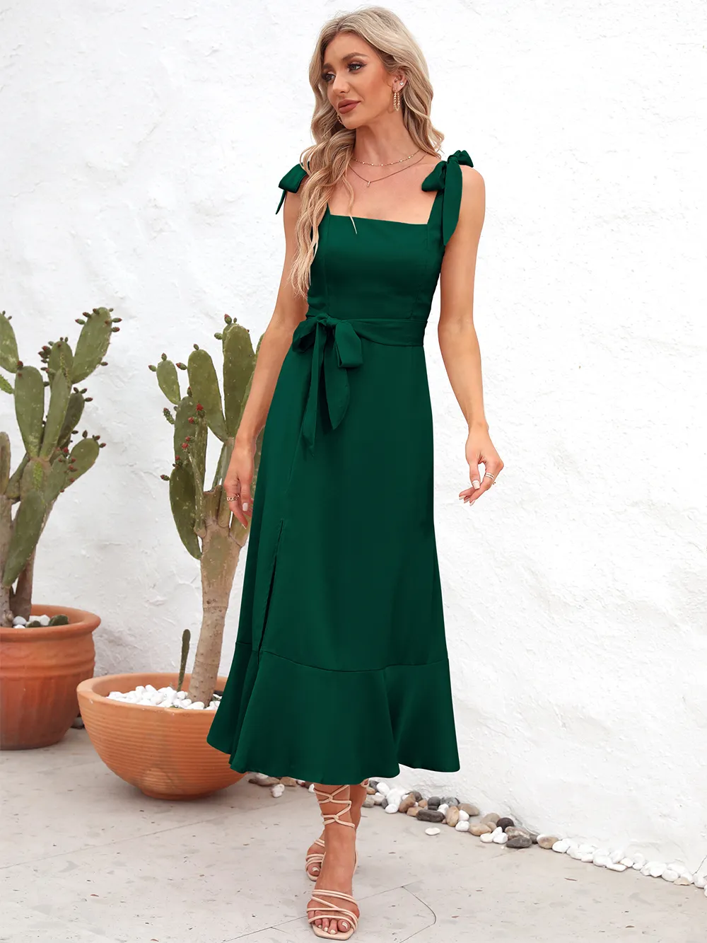 Square Neck Tie Strap Midi Dress, image 4