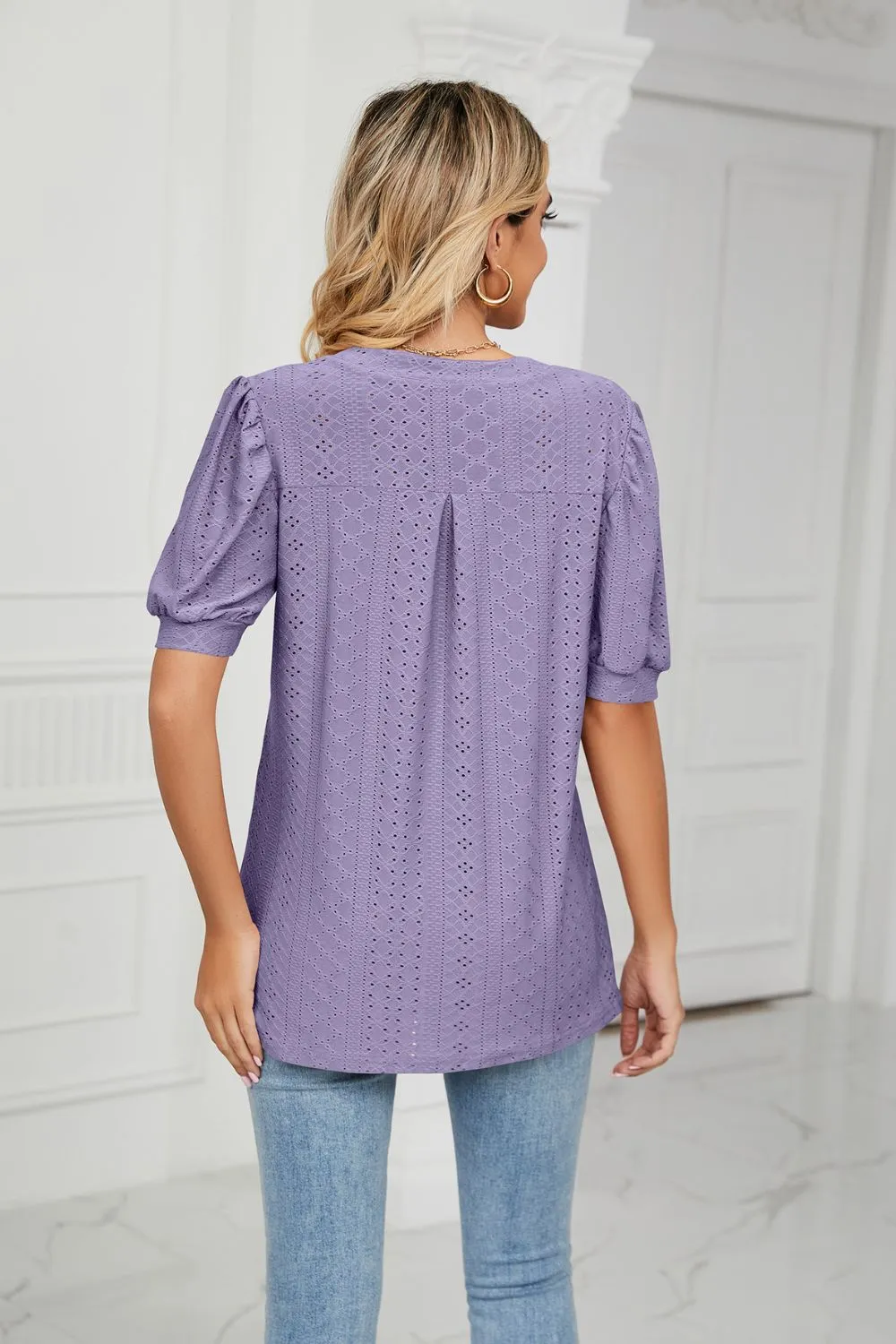 Eyelet Short Puff Sleeve Notched Neck Top, image 22