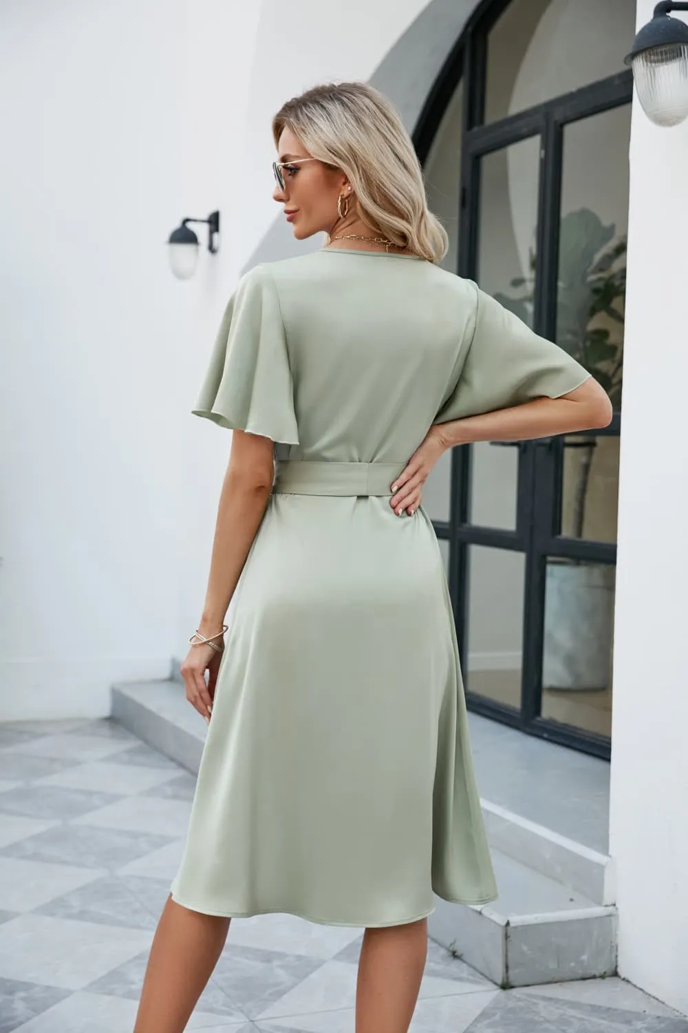 Tie Waist Flutter Sleeve Surplice Dress, image 3