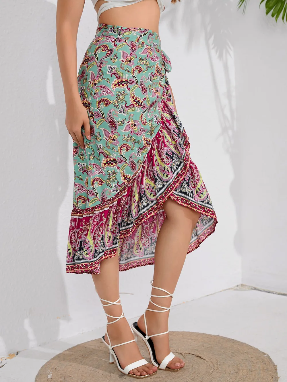 Tie Waistband Flounce Hem Midi Skirt, image 3