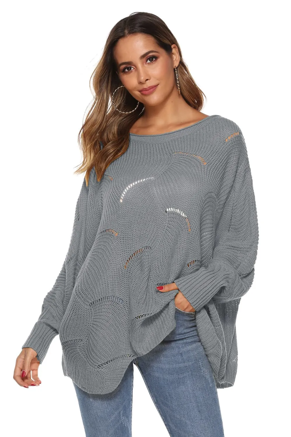 Round Neck Long Sleeve Openwork Sweater, image 5